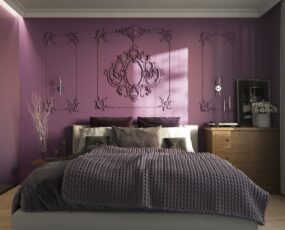 What colour accessories work best in a purple two-tone bedroom?